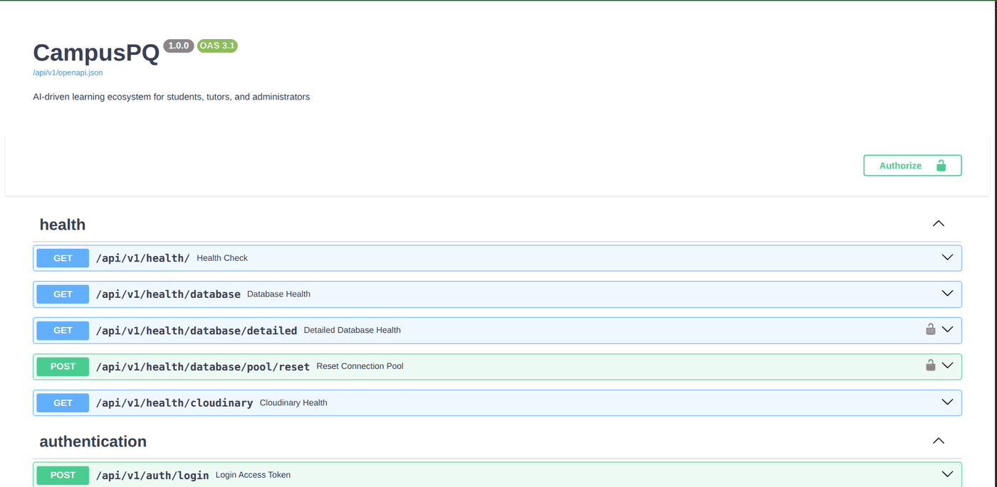CampusPQ OpenAPI documentation showing service endpoints